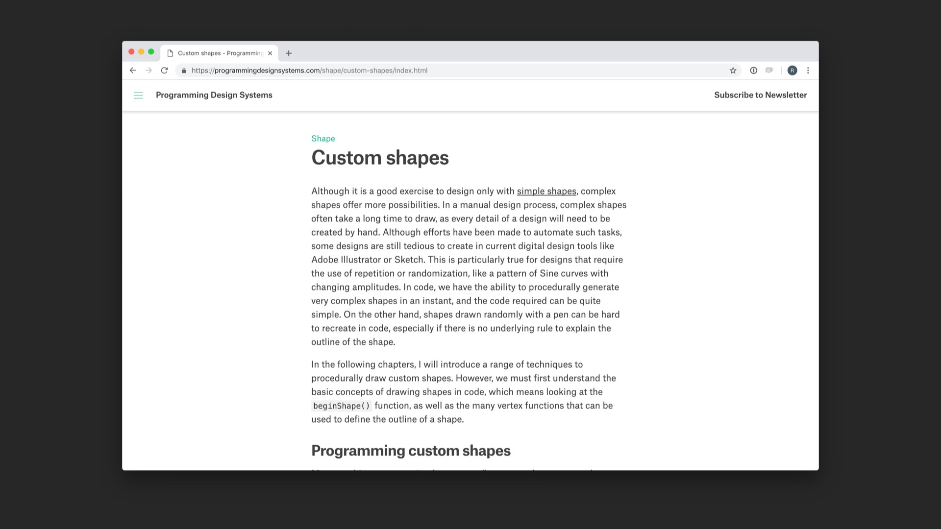 Screenshot of 'Custom shapes' chapter of referenced website.