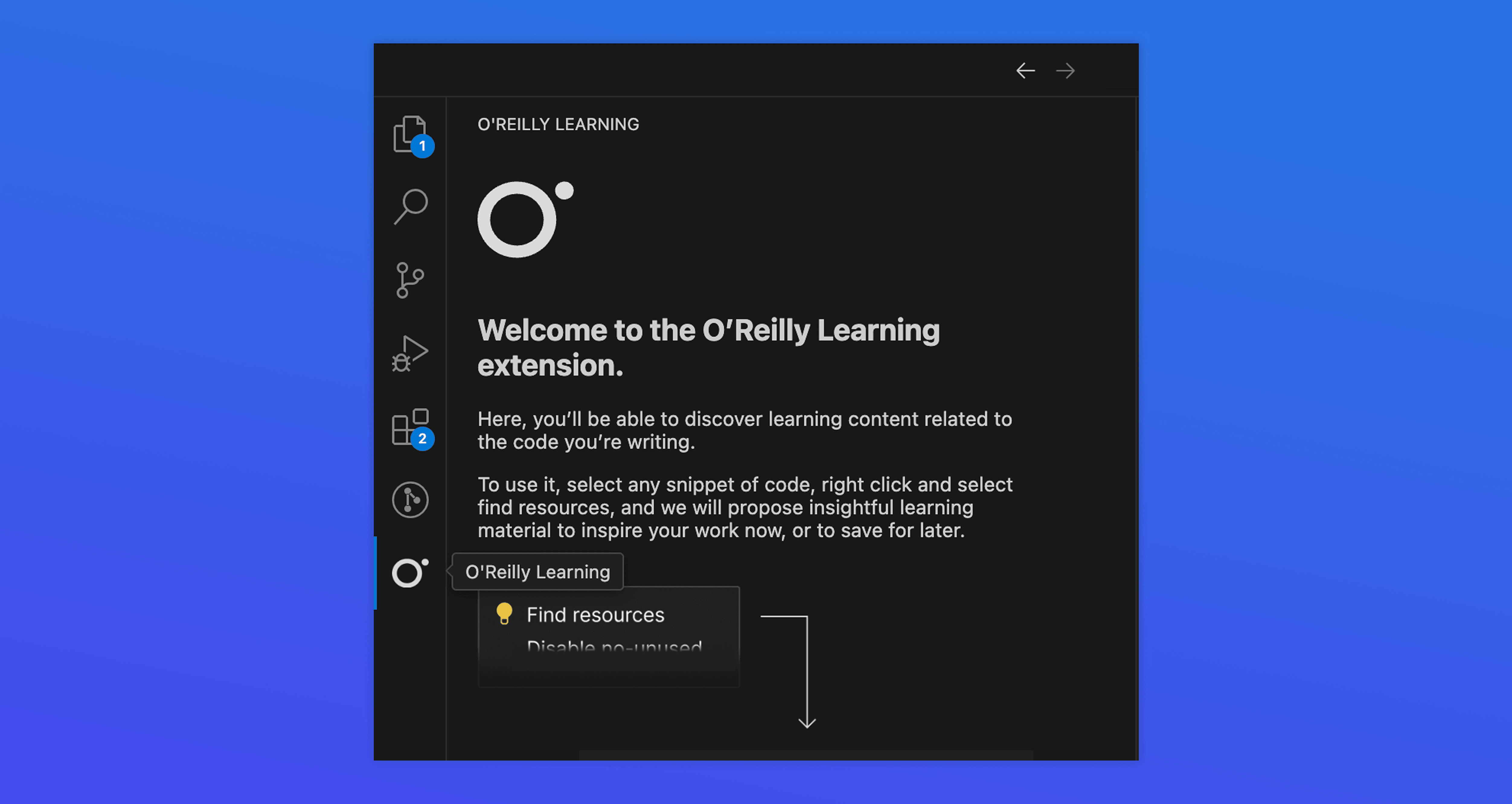 An image showing the code editor with the cursor pointing to the OReilly VS code extension.