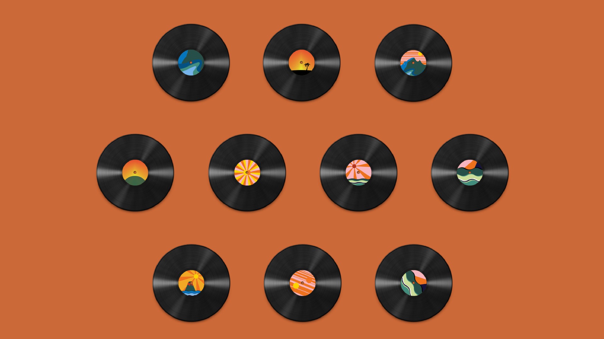 Multiple album discs with custom artwork.
