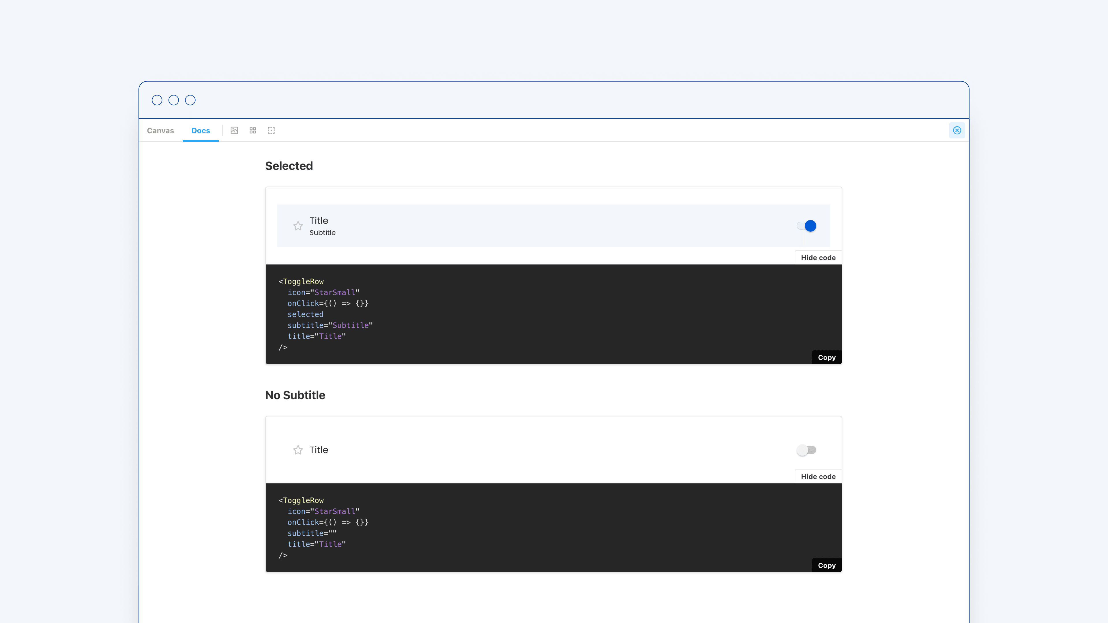 Storybook screenshot showing a component and code snippets.